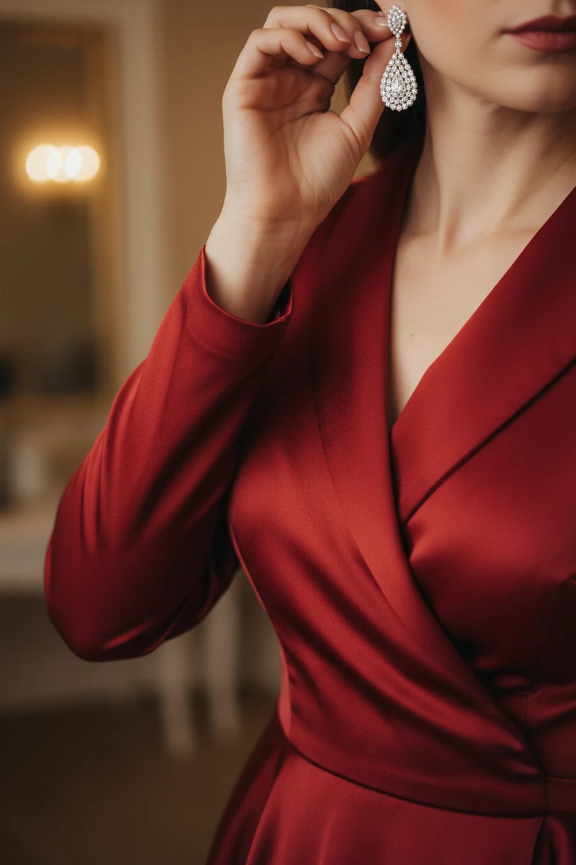 female hand adjusting sparkly drop earring beside satin wrap dress collar