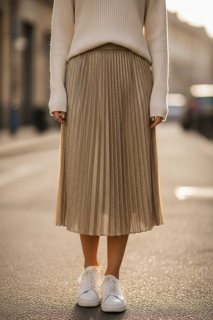 closeup of ribbed turtleneck tucked into shimmering gold midi skirt with white sneakers
