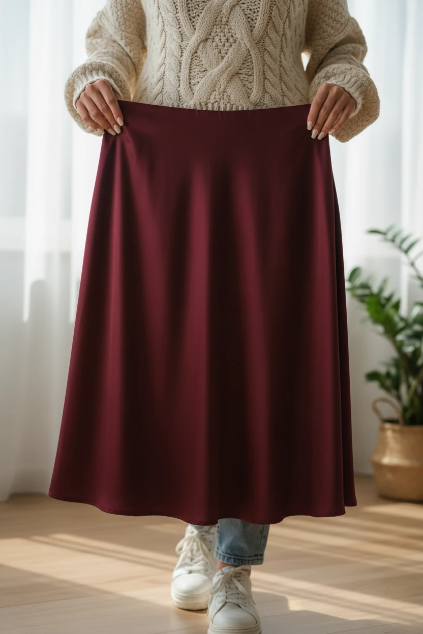 female holding satin burgundy midi skirt while wearing chunky cream sweater