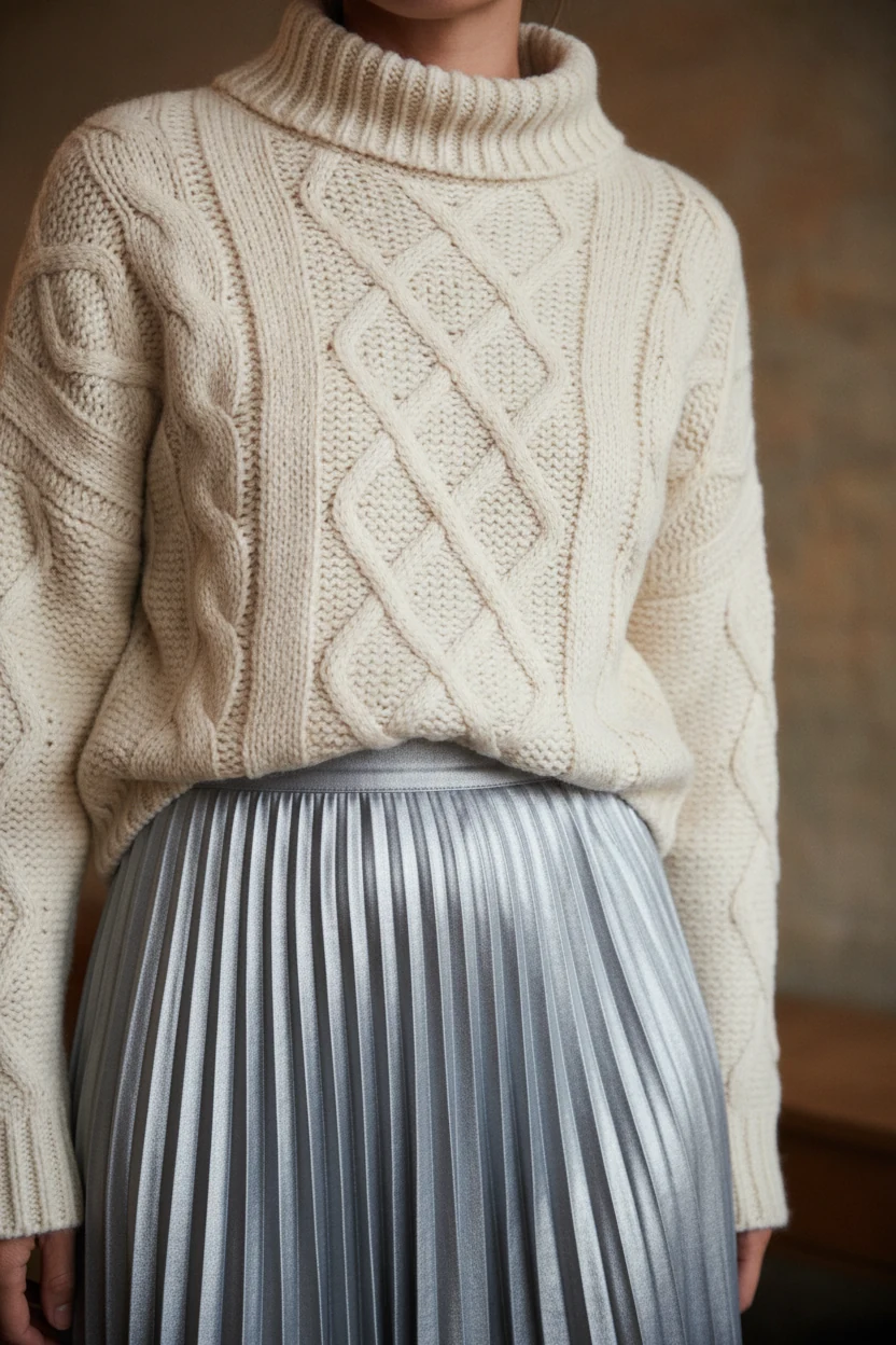 closeup of ivory knit sweater with silver pleated skirt