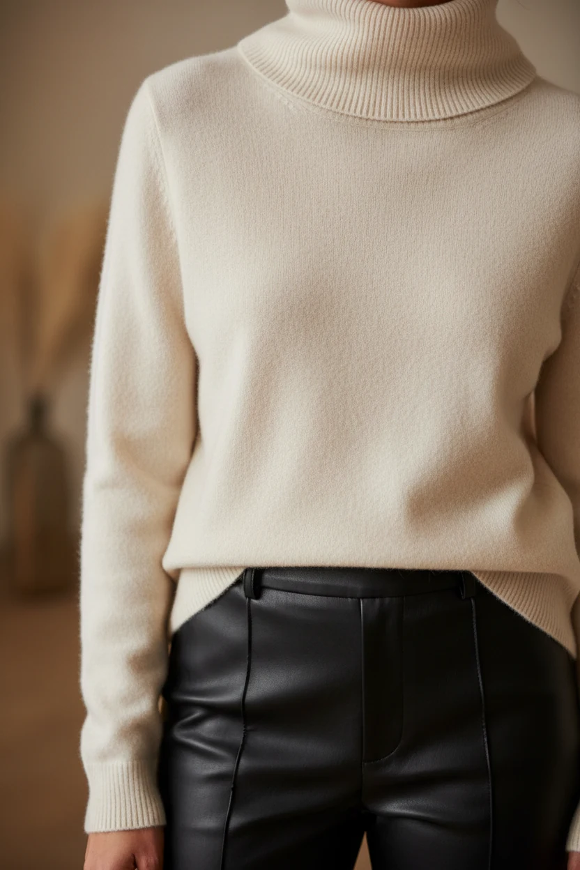 closeup cream cashmere turtleneck with black faux leather trousers