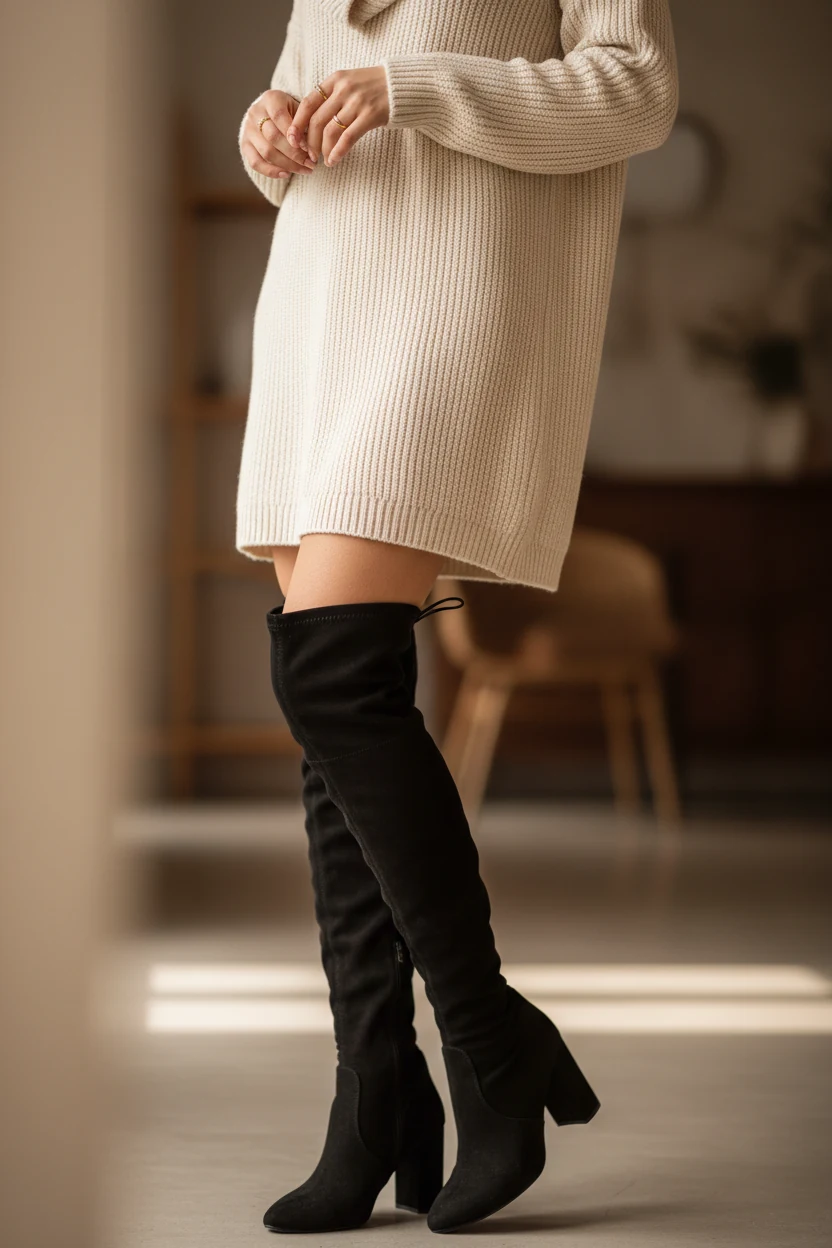 closeup ribbed sweater dress with over-the-knee boots