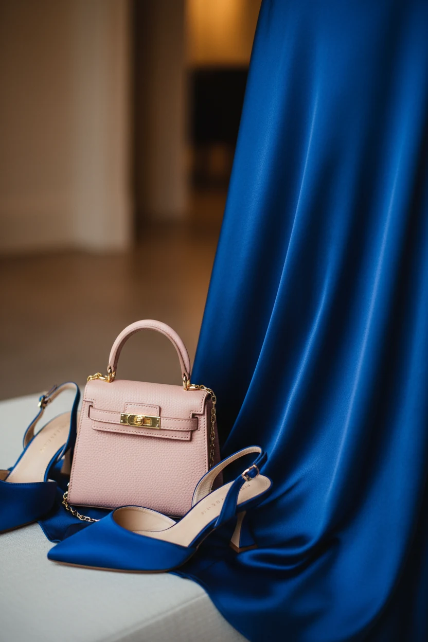 closeup mini top-handle bag beside satin skirt, slingbacks