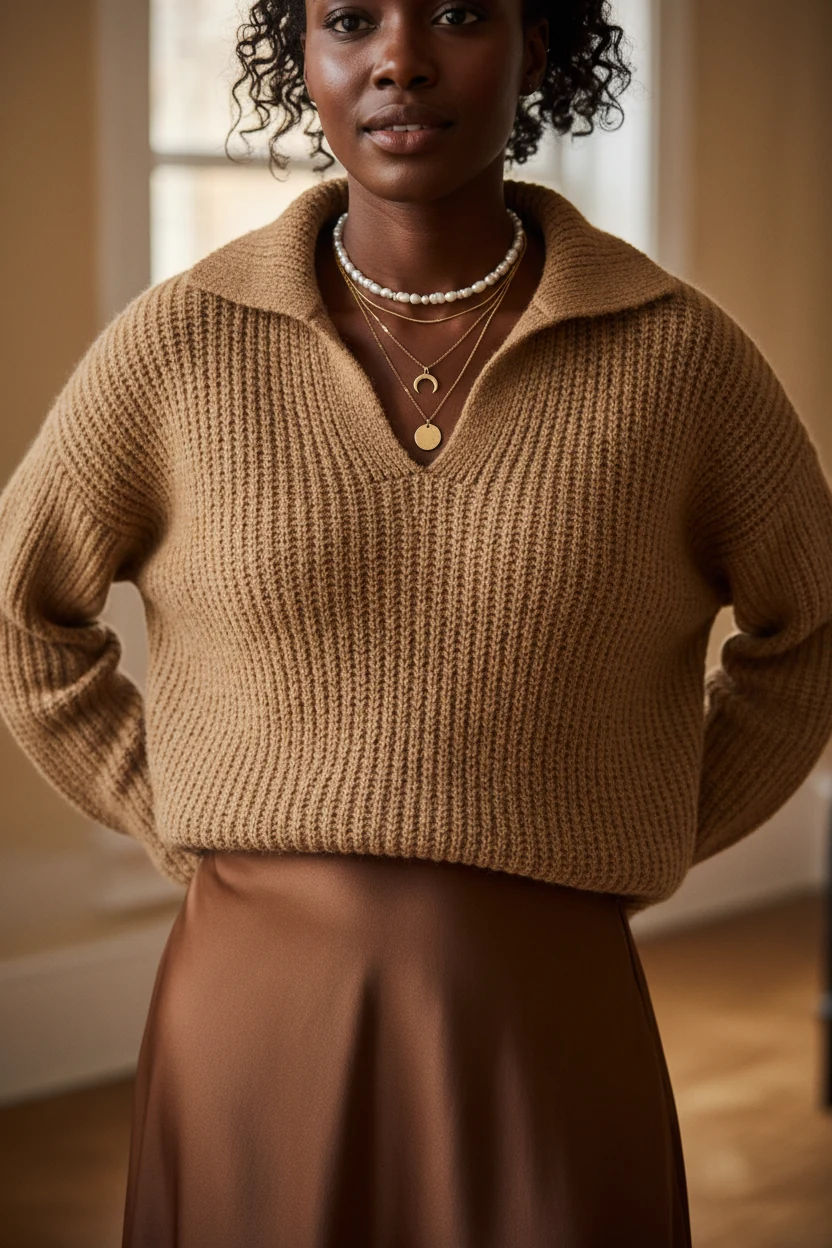 closeup Black woman, camel sweater, satin midi skirt, layered necklaces