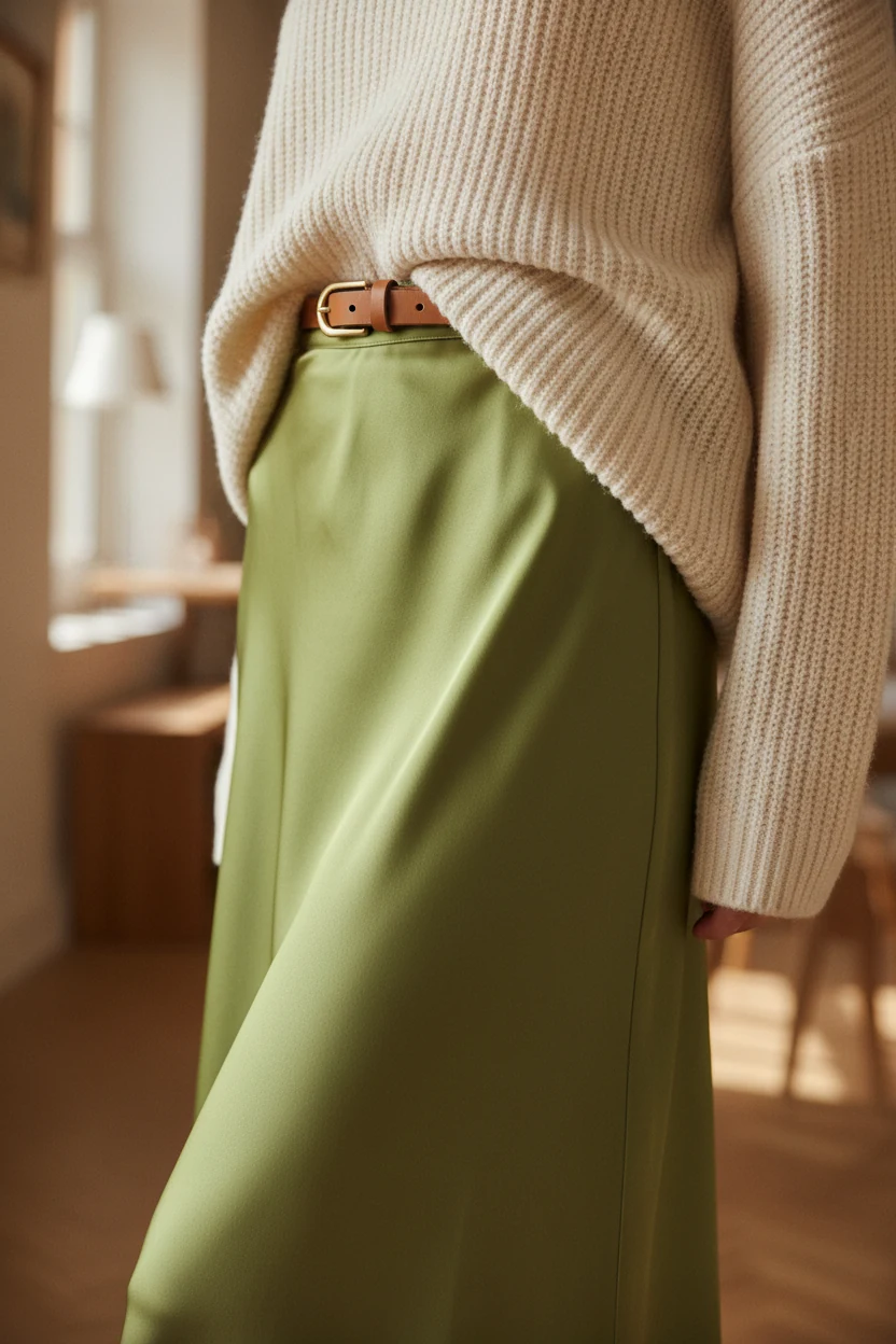 closeup chartreuse satin slip skirt, cream sweater front tuck