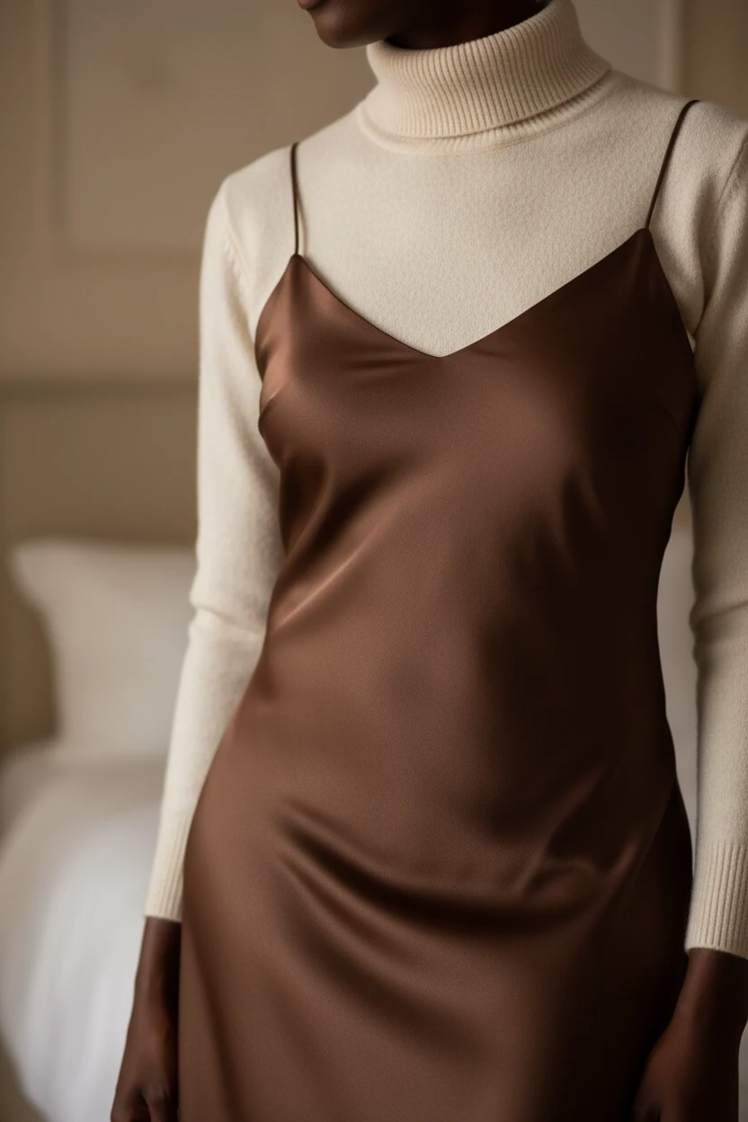 closeup Black female torso, chocolate satin slip, cream turtleneck