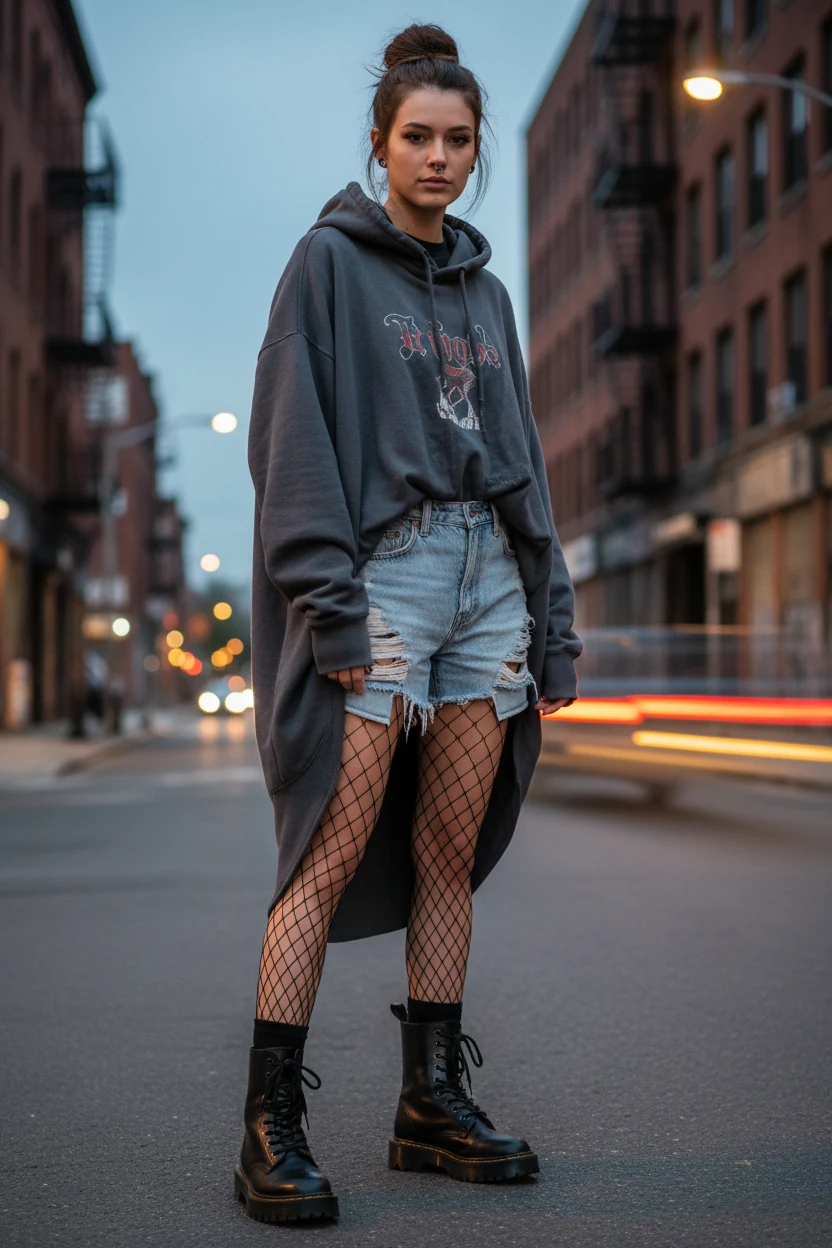 fishnets under denim shorts, oversized hoodie, black combat boots