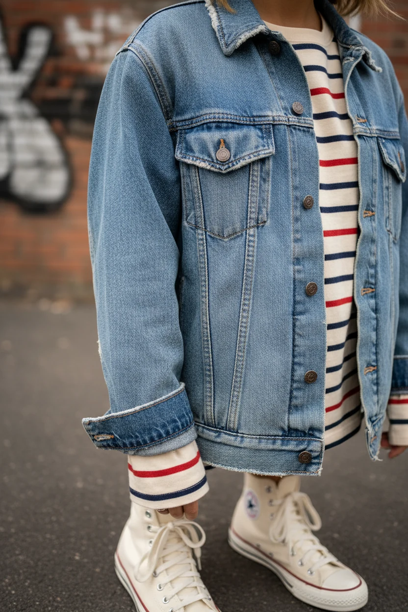 closeup female torso, denim jacket, striped long sleeve, high-tops