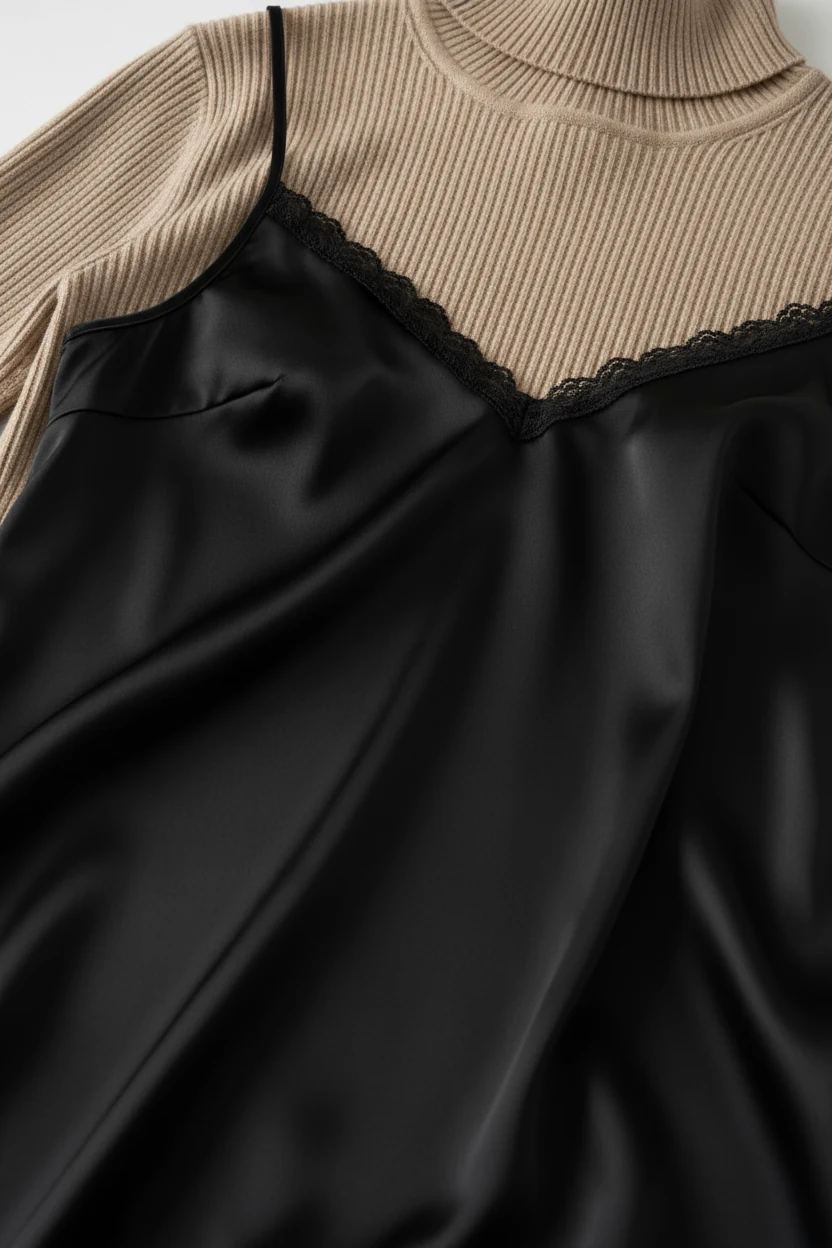 closeup of black satin slip over beige ribbed turtleneck texture