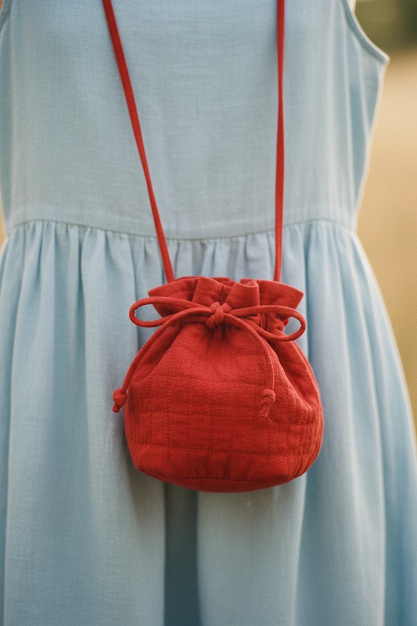 closeup tomato red bag on pale blue linen sundress