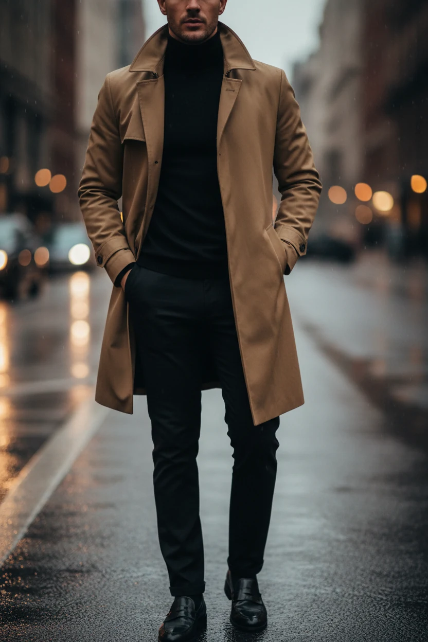 male closeup black turtleneck under khaki trench, onyx loafers