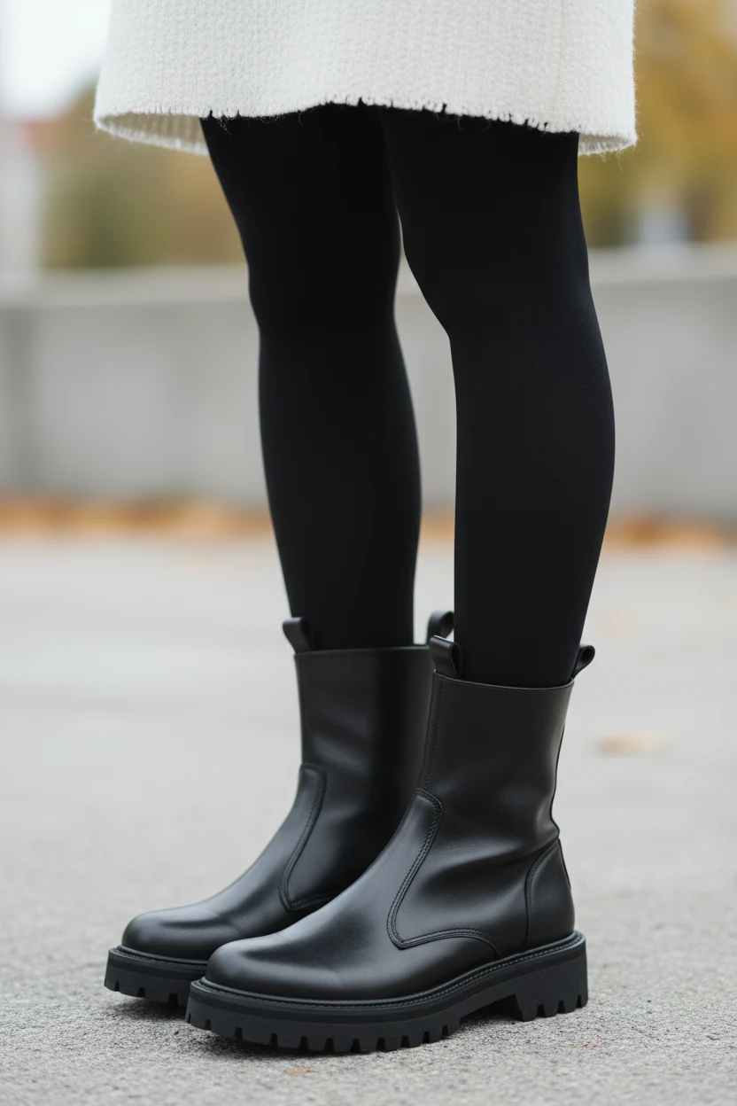 closeup black lug-sole boots, opaque tights, white wool mini hem