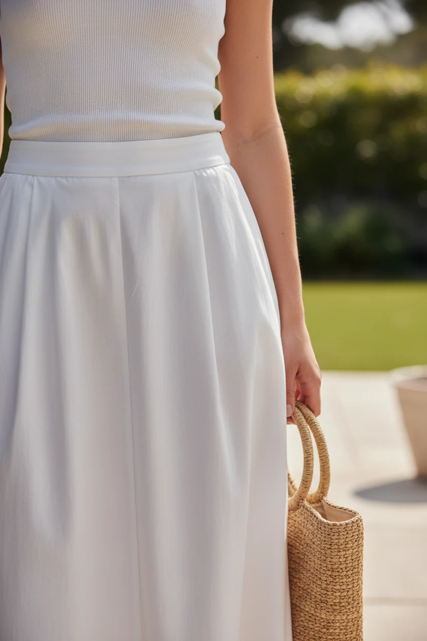 closeup white poplin midi skirt, white ribbed tank, straw tote