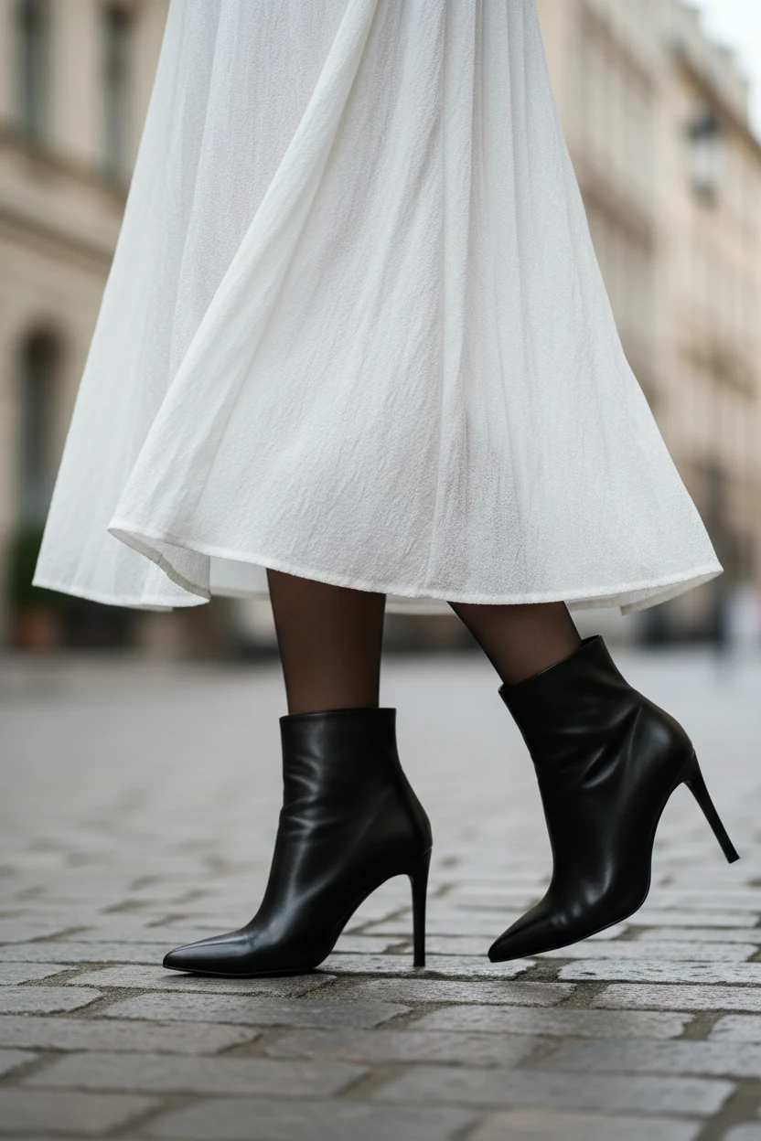 Closeup pointed black ankle boots, sheer tights, white midi skirt