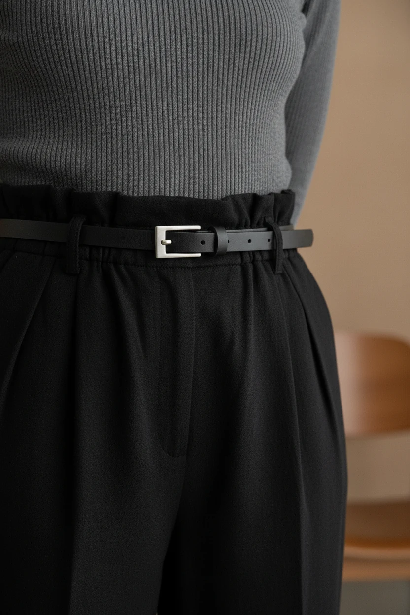 closeup slim belt on black paperbag trousers, ribbed mockneck