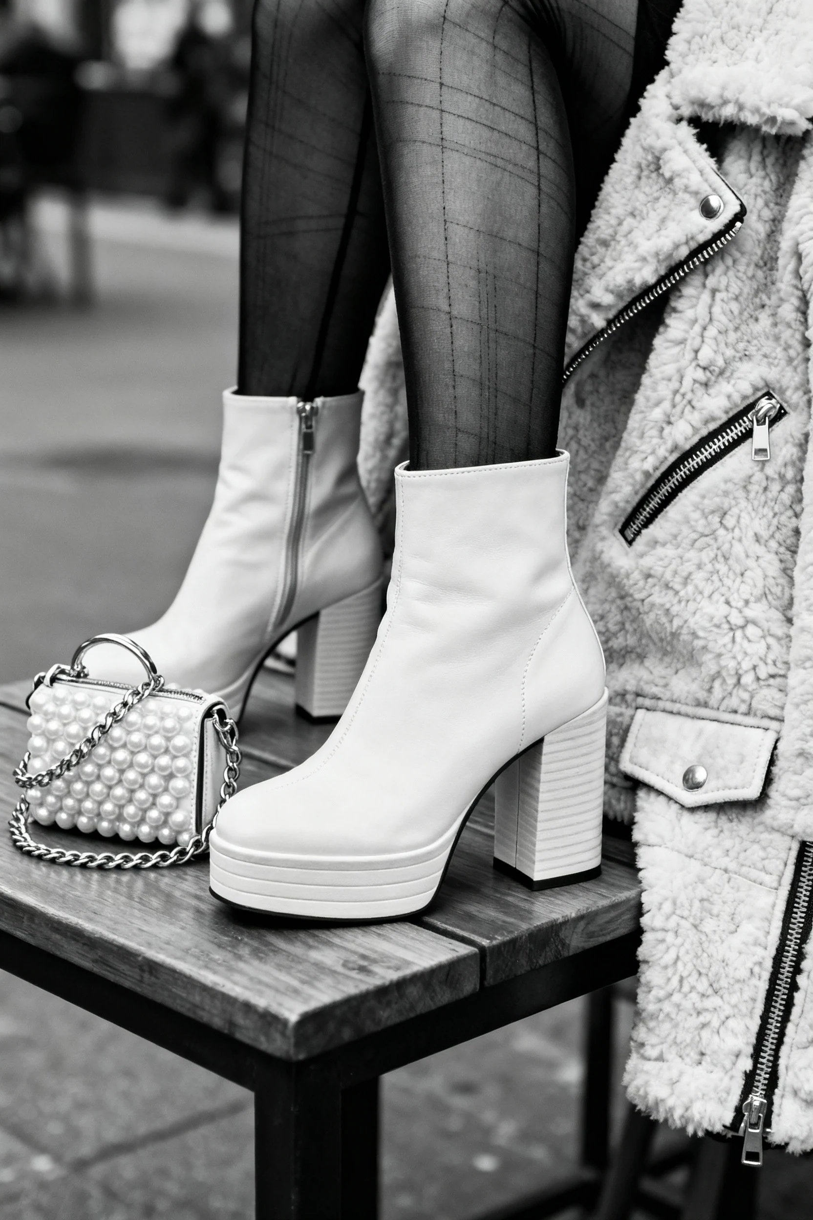 white booties, sheer black tights, pearl-accent bag, sherpa moto