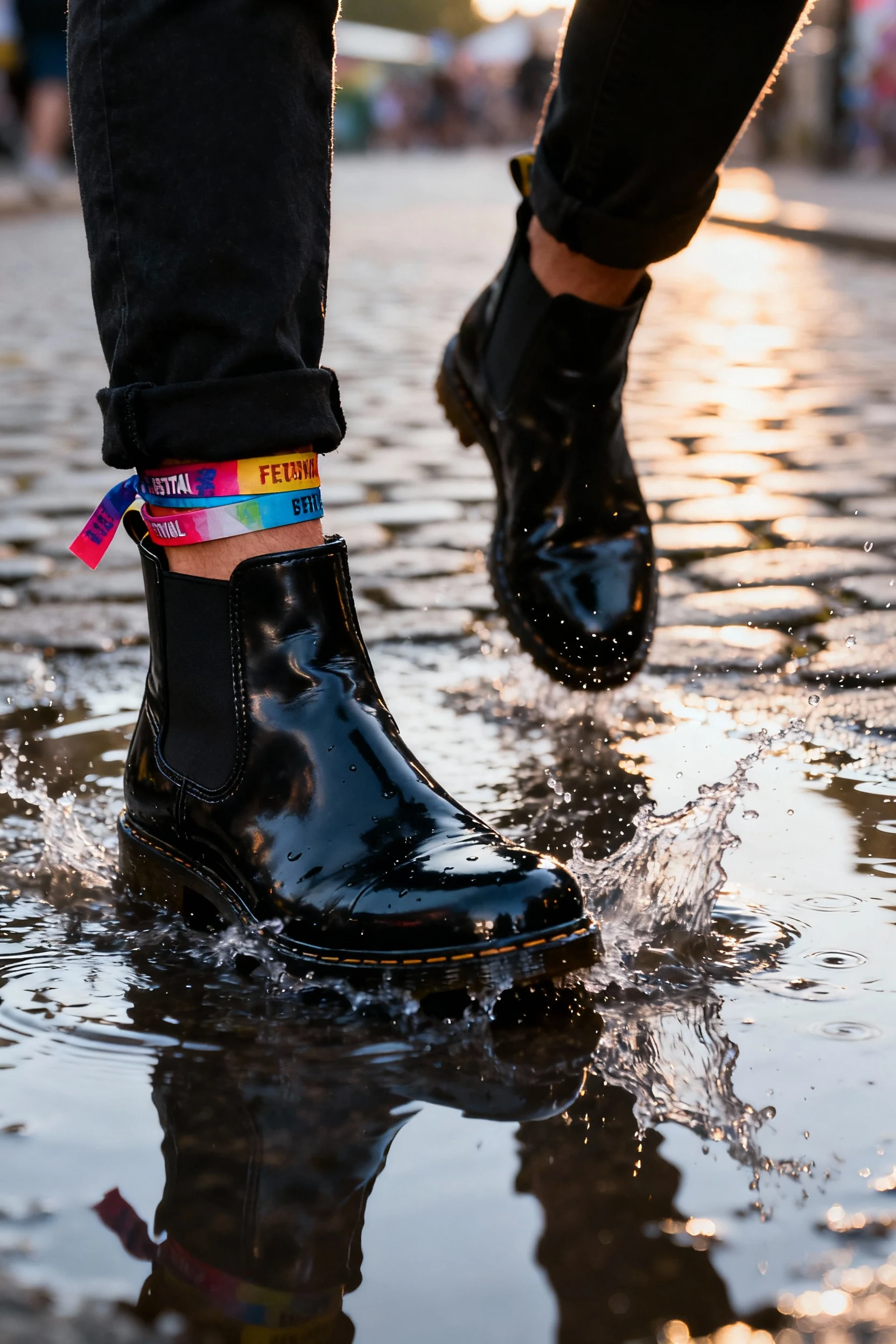 closeup black waterproof Chelsea boots splashing puddle, festival wristbands