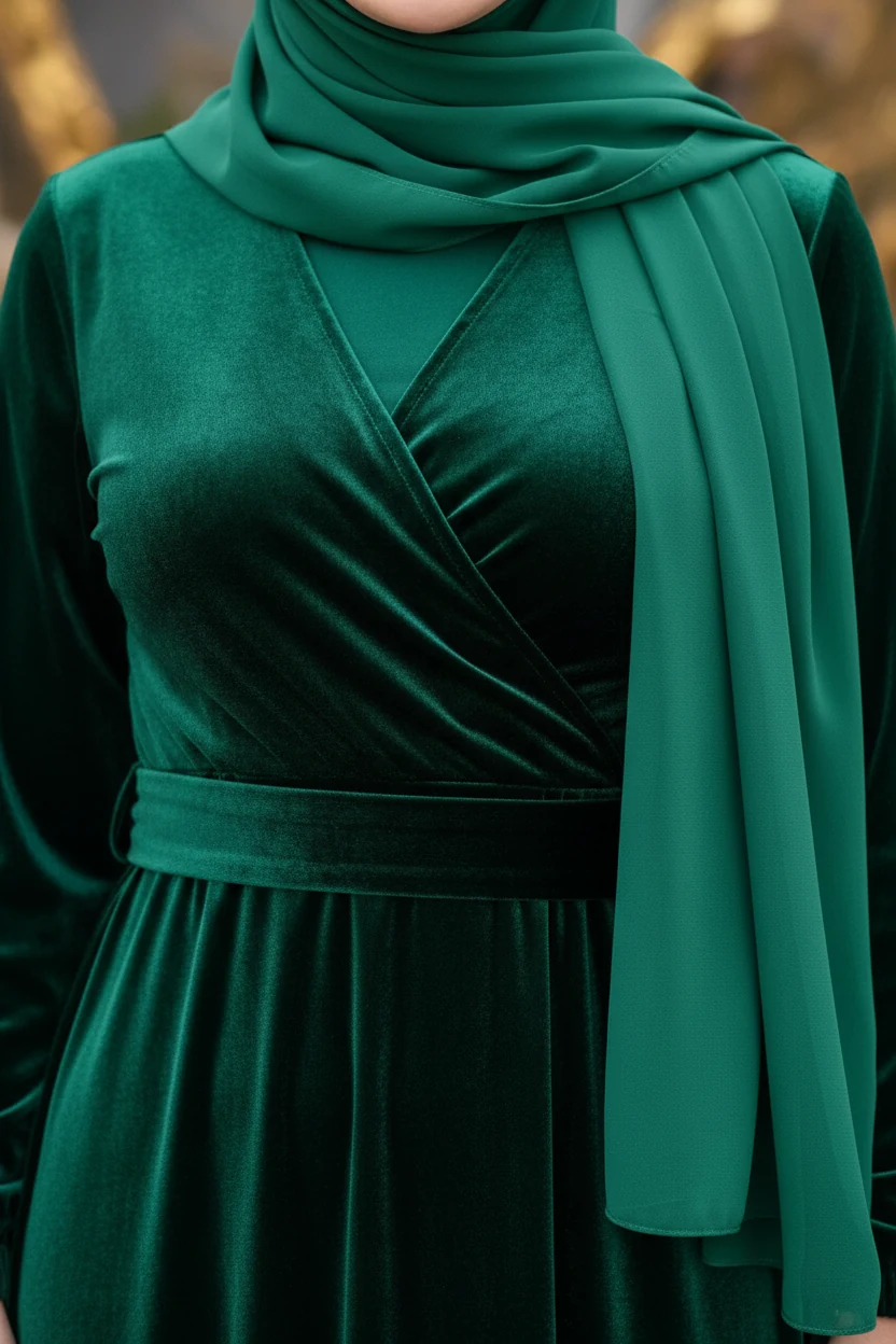 closeup emerald velvet wrap dress texture, matching chiffon hijab