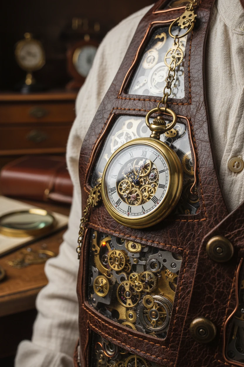 detail of brass pocket watch on clockwork vest