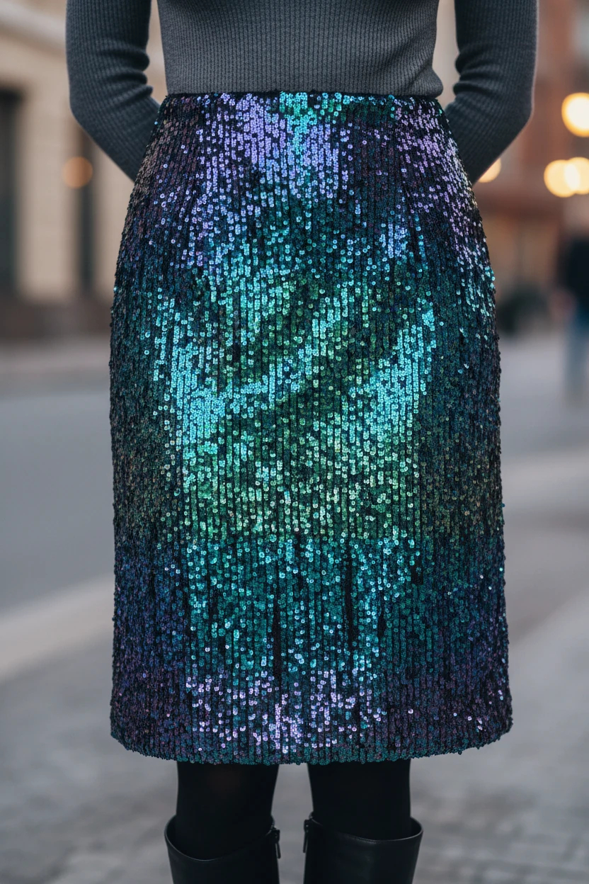 5. closeup of sequin midi skirt, turtleneck bodysuit, opaque tights