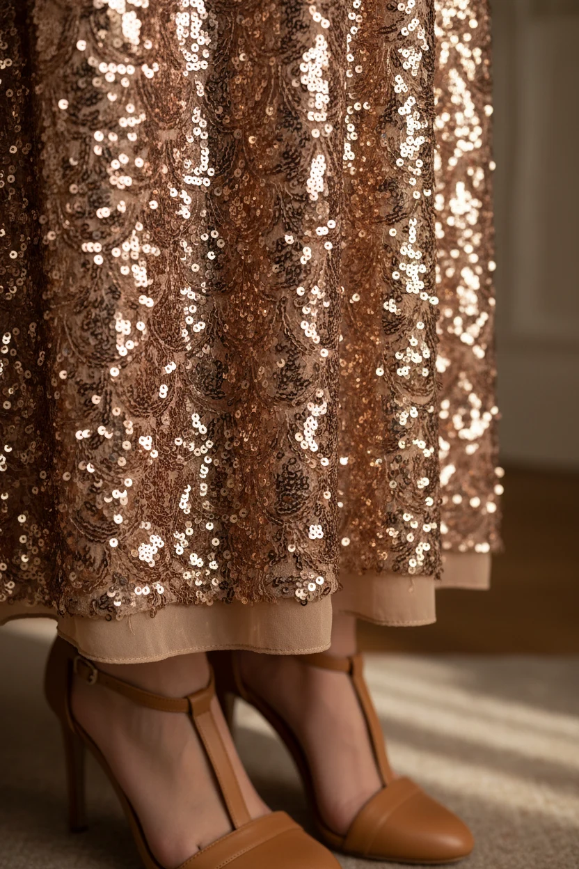 Deep champagne sequin midi fabric closeup with tan heels