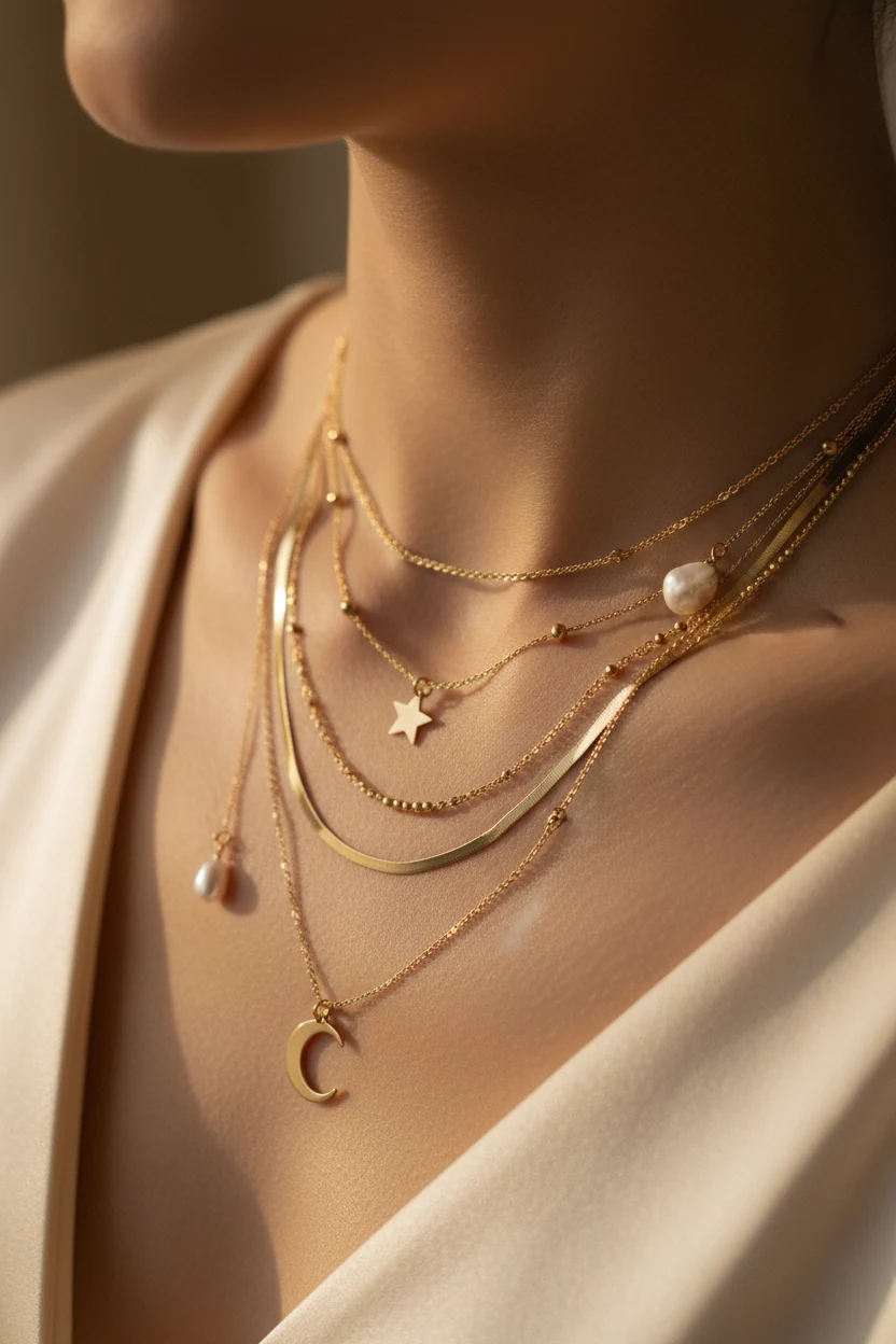 Closeup stacked delicate gold necklaces on female neck