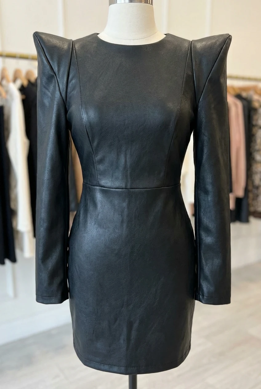 closeup of faux leather mini dress with sharp padded shoulders