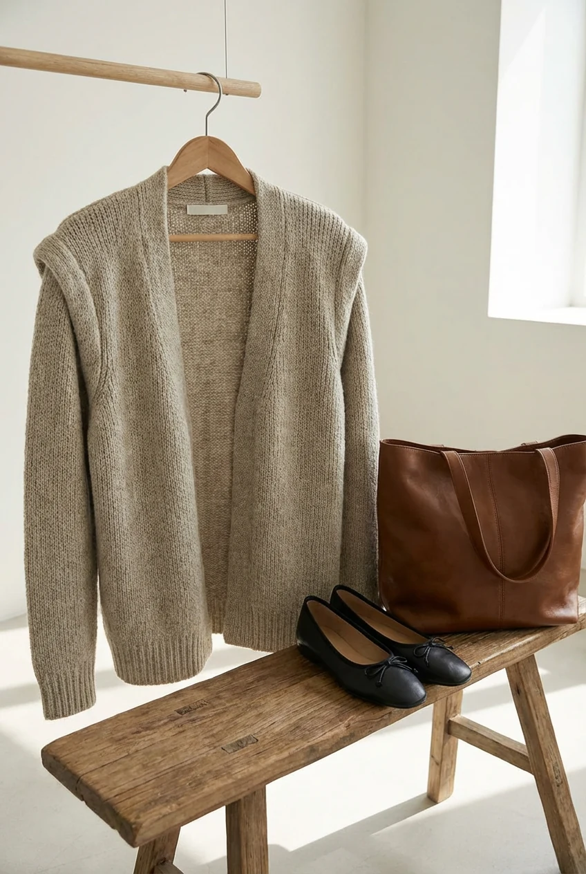 structured knit cardigan with defined shoulders paired with black ballet flats beside leather tote