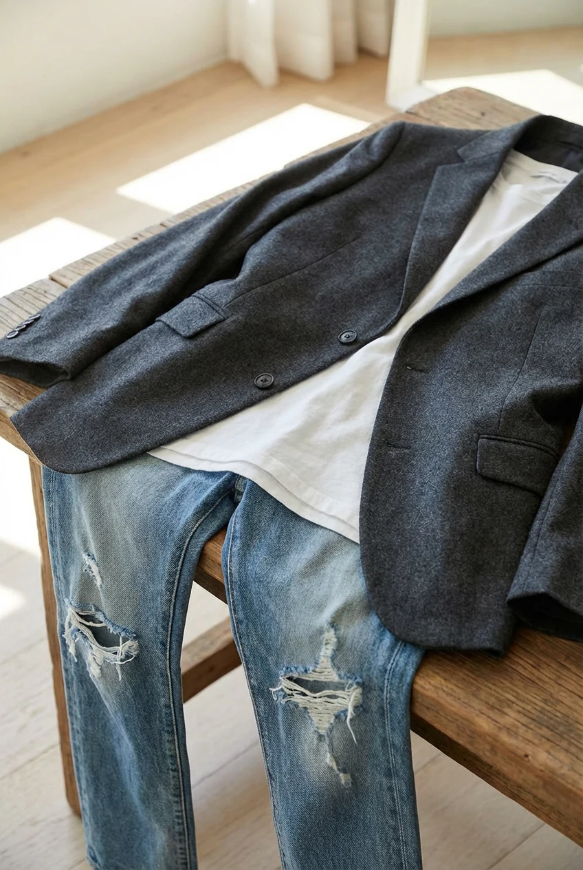 structured charcoal blazer draped over ripped blue jeans with white tee underneath