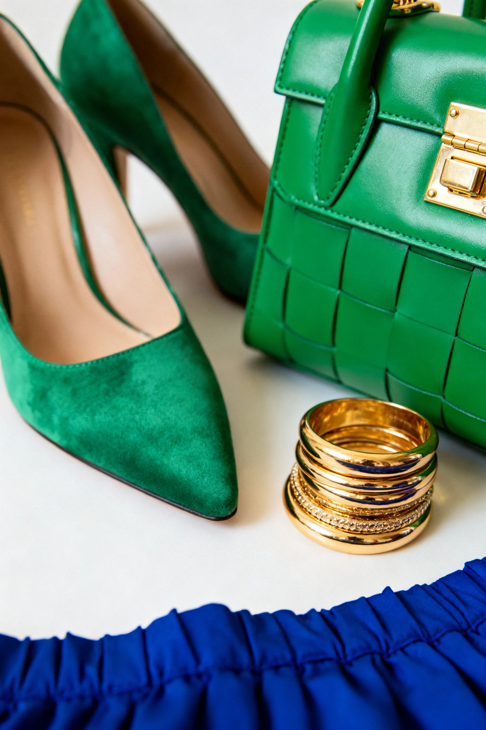 emerald pumps, green structured bag, gold bracelets, royal blue hem