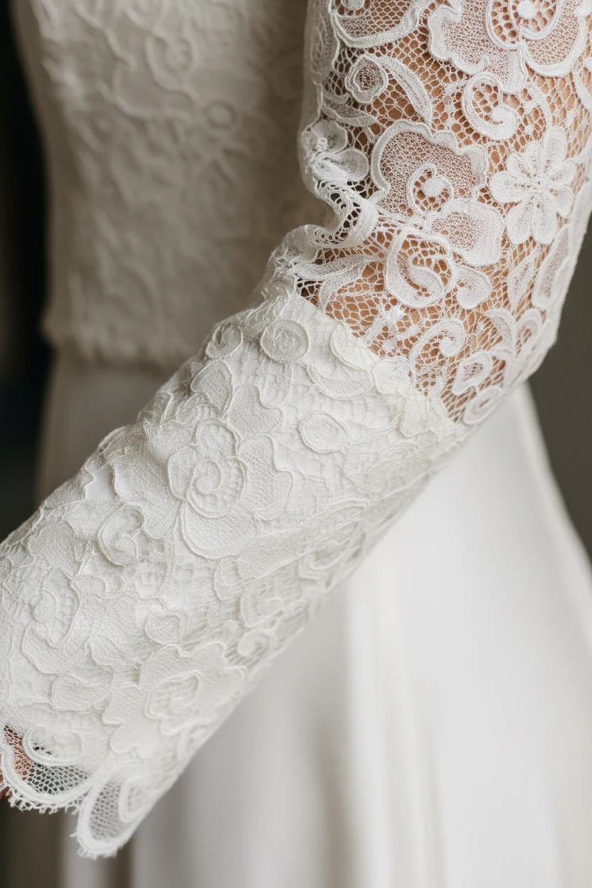 closeup ivory lace overlay sleeve, opaque slip lining