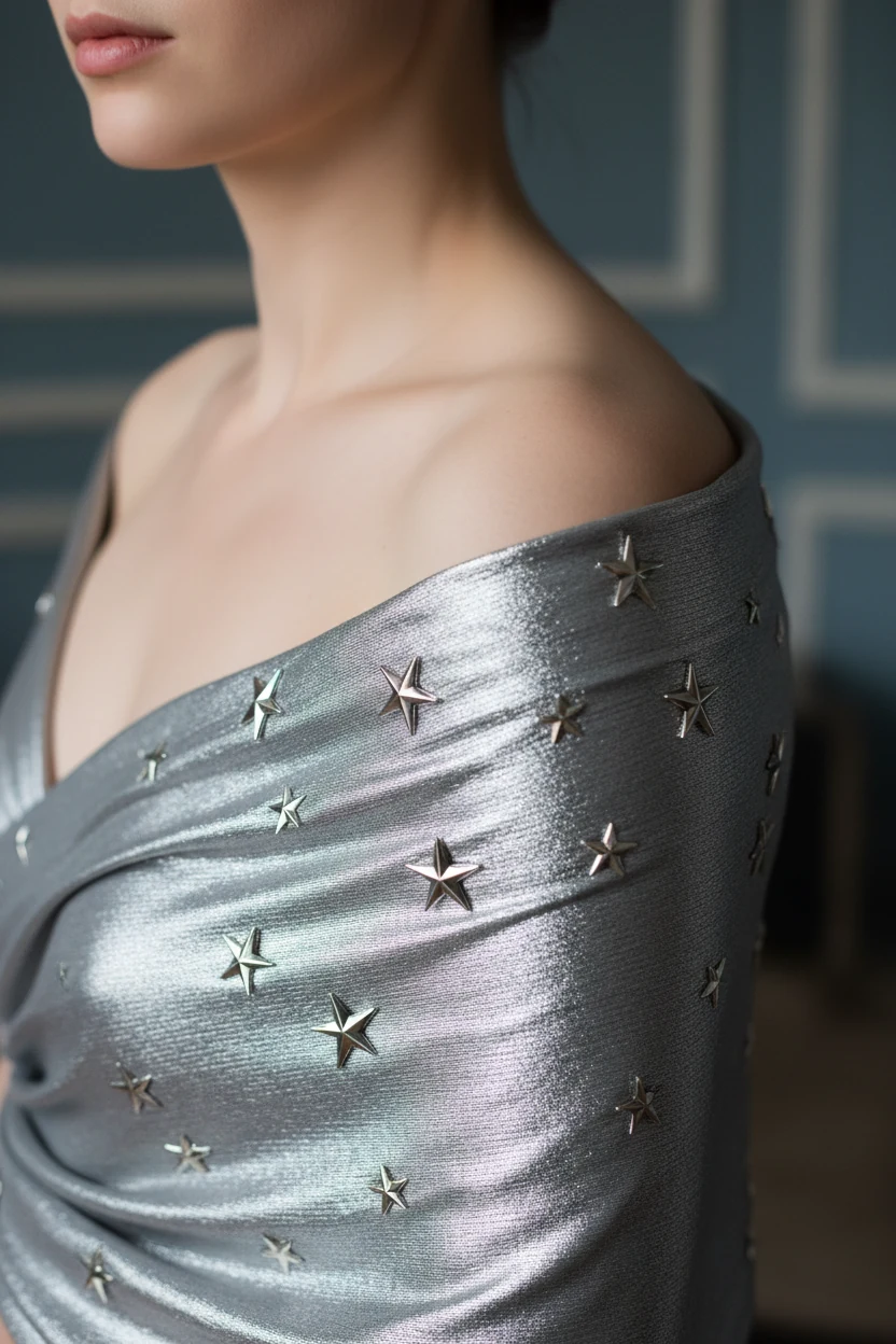 silver shawl shoulder with pinned tiny star pins