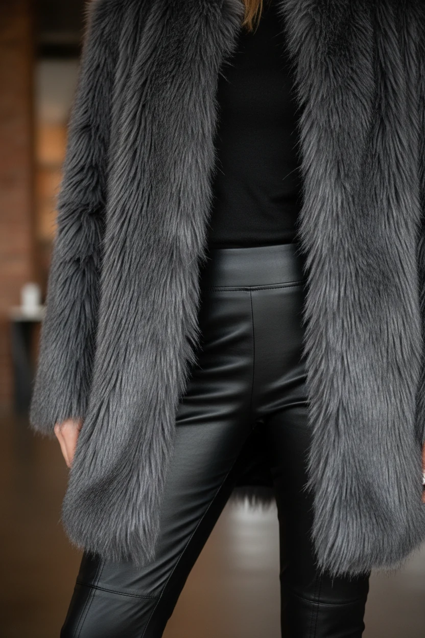 6. closeup of faux fur coat over matte leather leggings