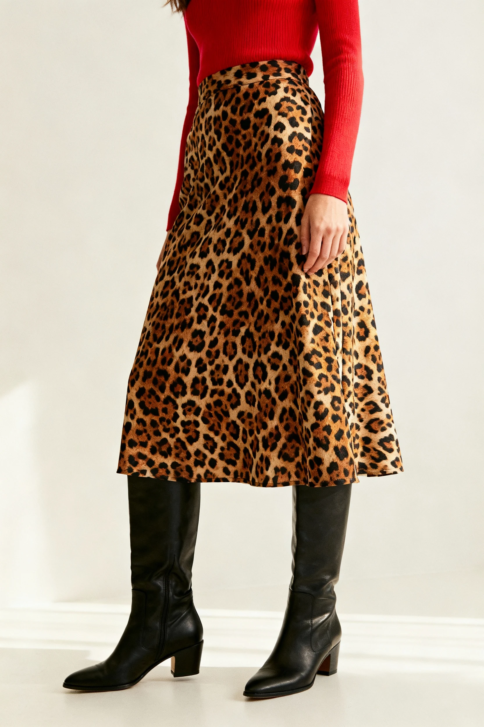 closeup leopard midi skirt, red turtleneck, black knee-high boots