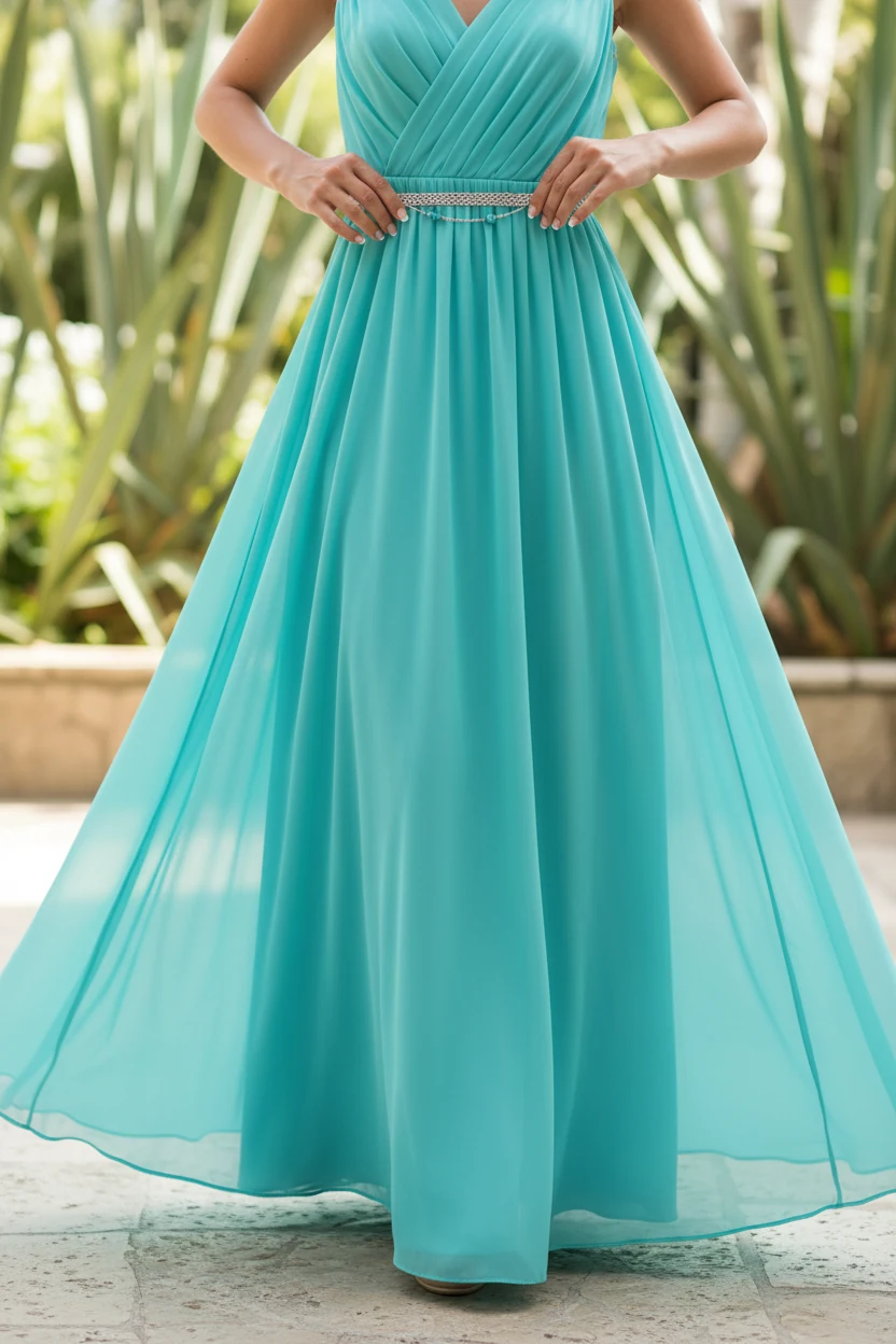 Turquoise chiffon maxi with delicate waist belt, hands adjusting
