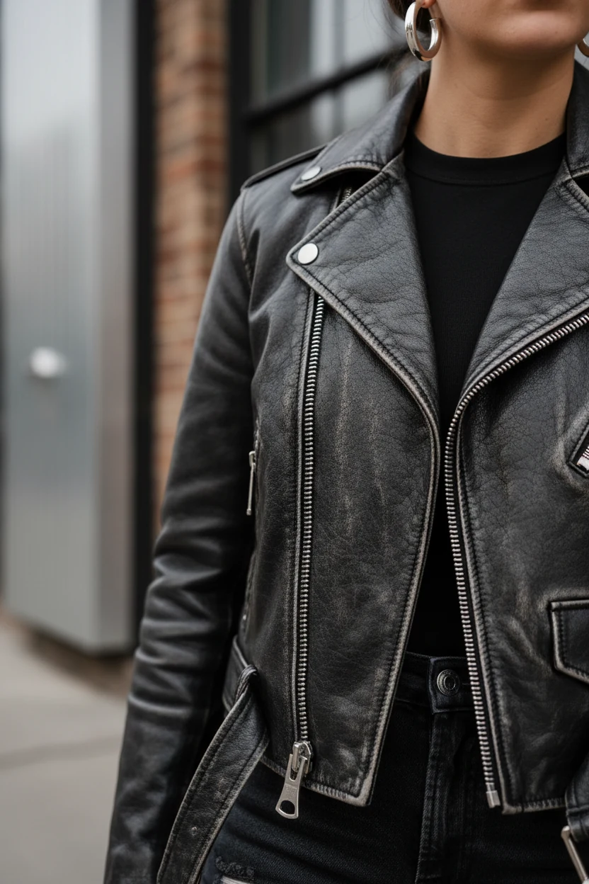 Leather moto jacket zipper closeup, black jeans, silver hoops