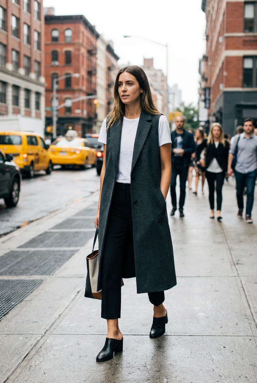 longline vest over monochrome tee and mid‑heeled mules walking on city sidewalk