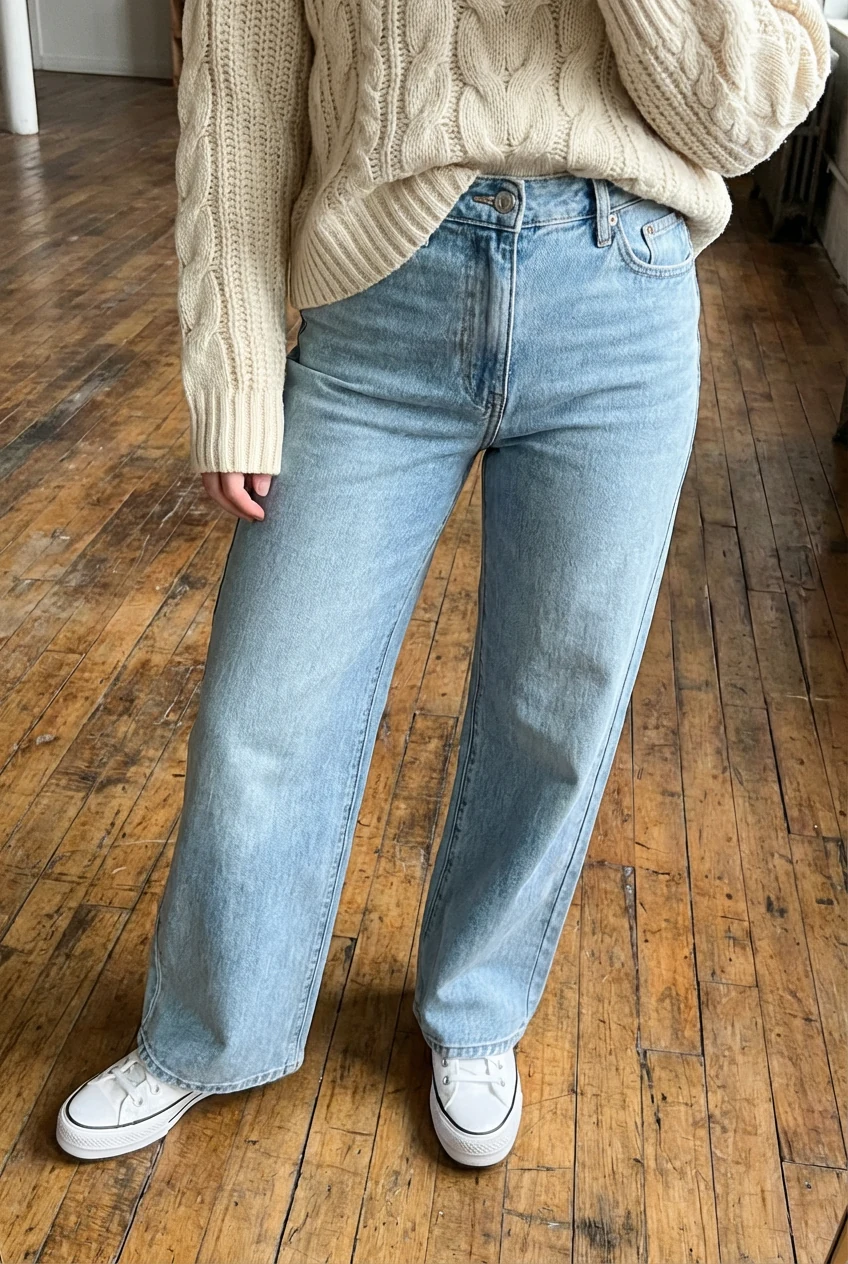 closeup female white sneakers, high-rise wide-leg jeans, knit front-tuck