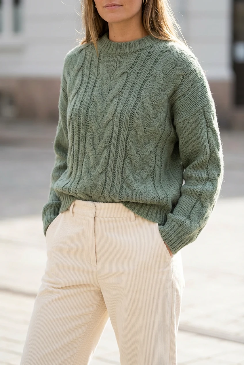 closeup female chunky sage sweater half-tuck over cream trousers