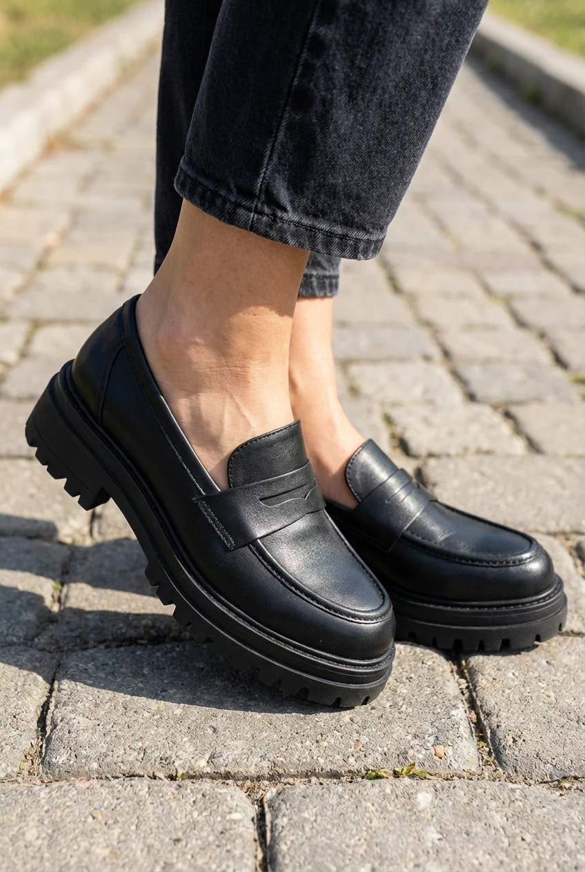 female closeup of chunky black loafers on bare ankles