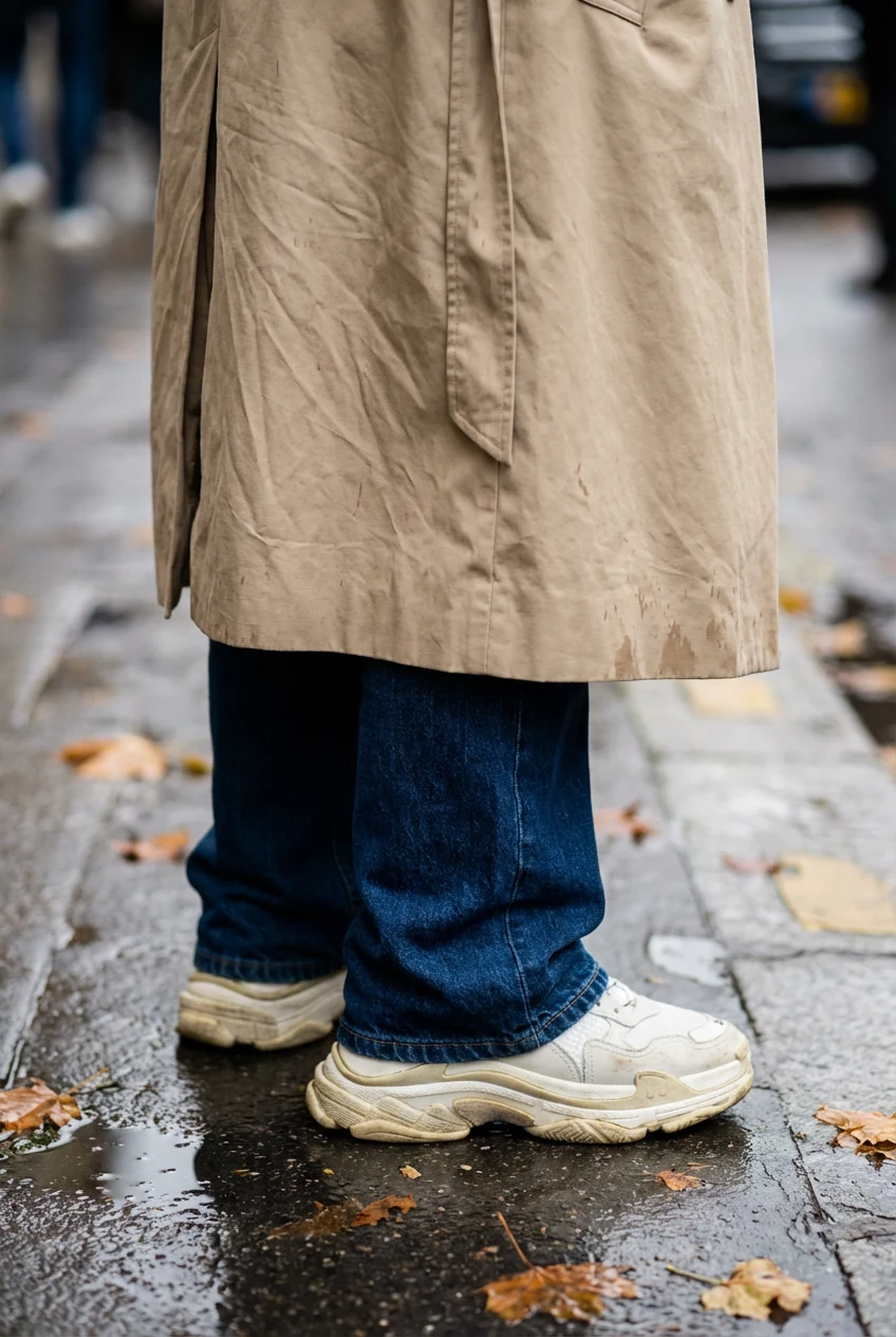 closeup beige trench hem, puddle-length jeans, chunky dad sneakers