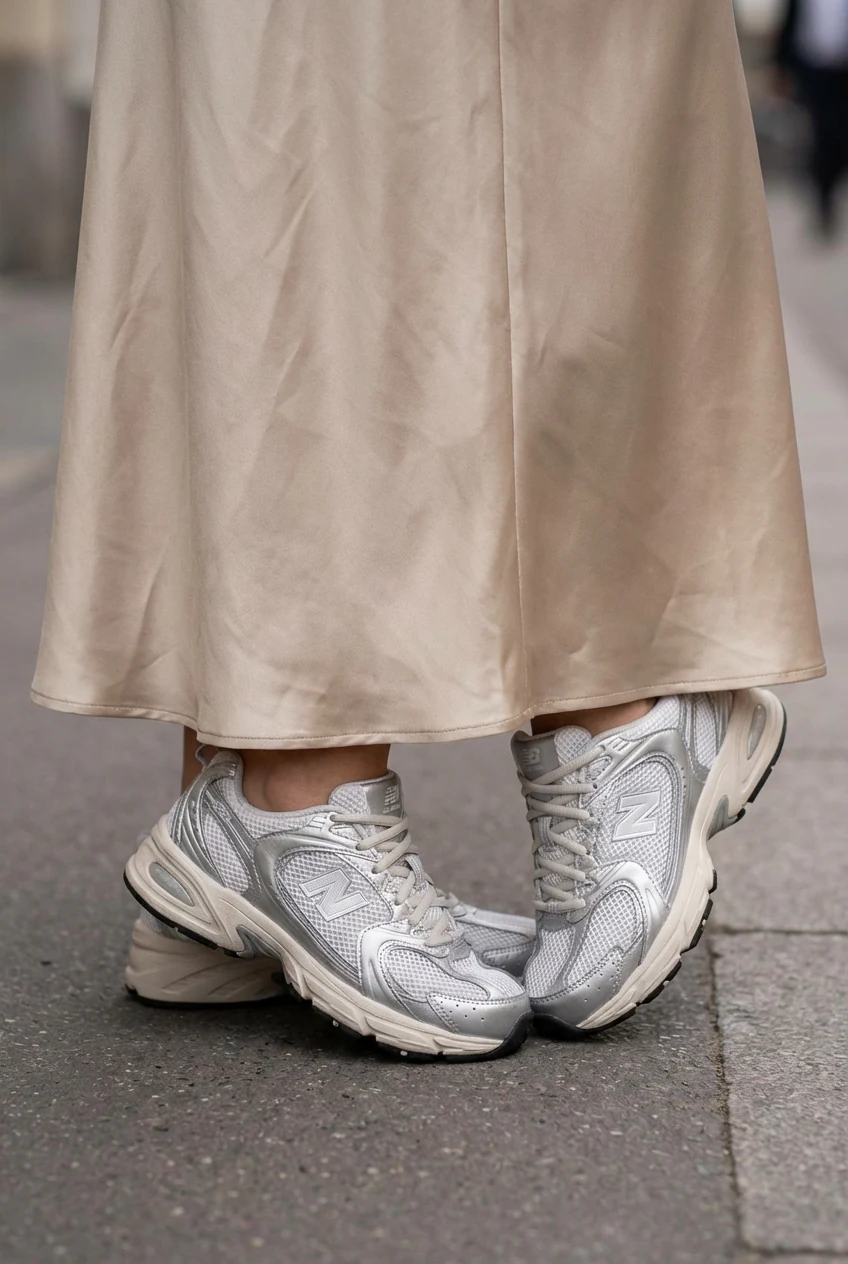 closeup silver New Balance 530s beneath satin midi skirt