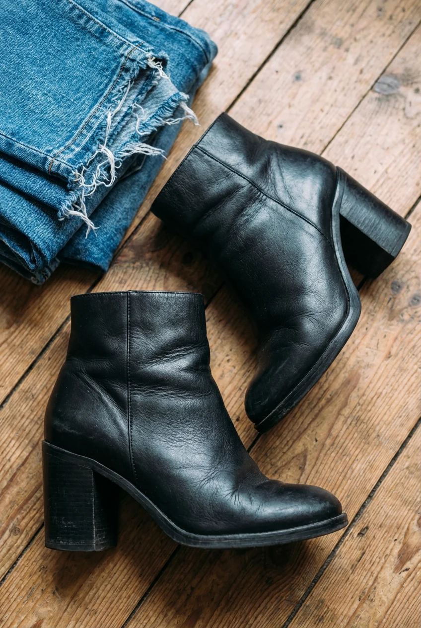 closeup female black ankle boots block heel beside denim