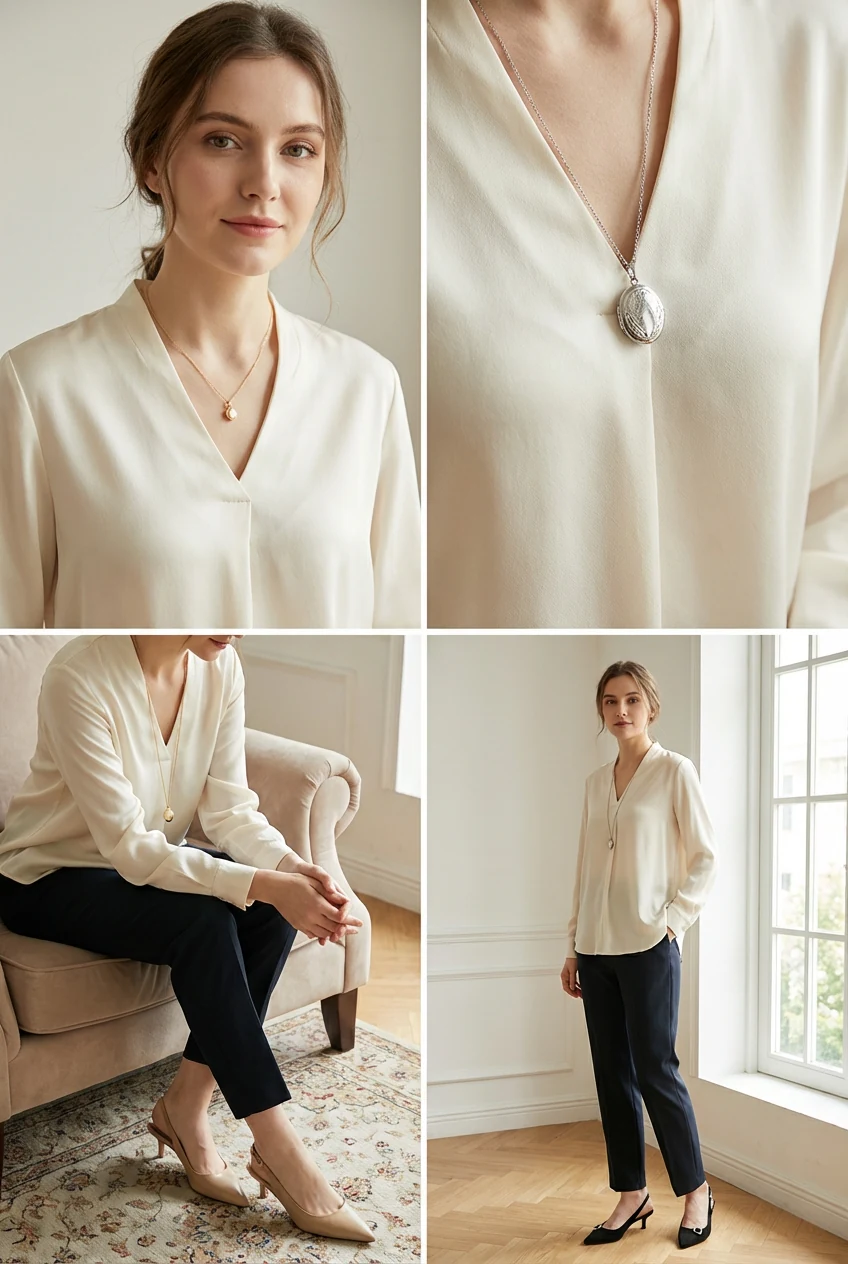 female closeup, ivory silk blouse, pendant, kitten-heel slingbacks