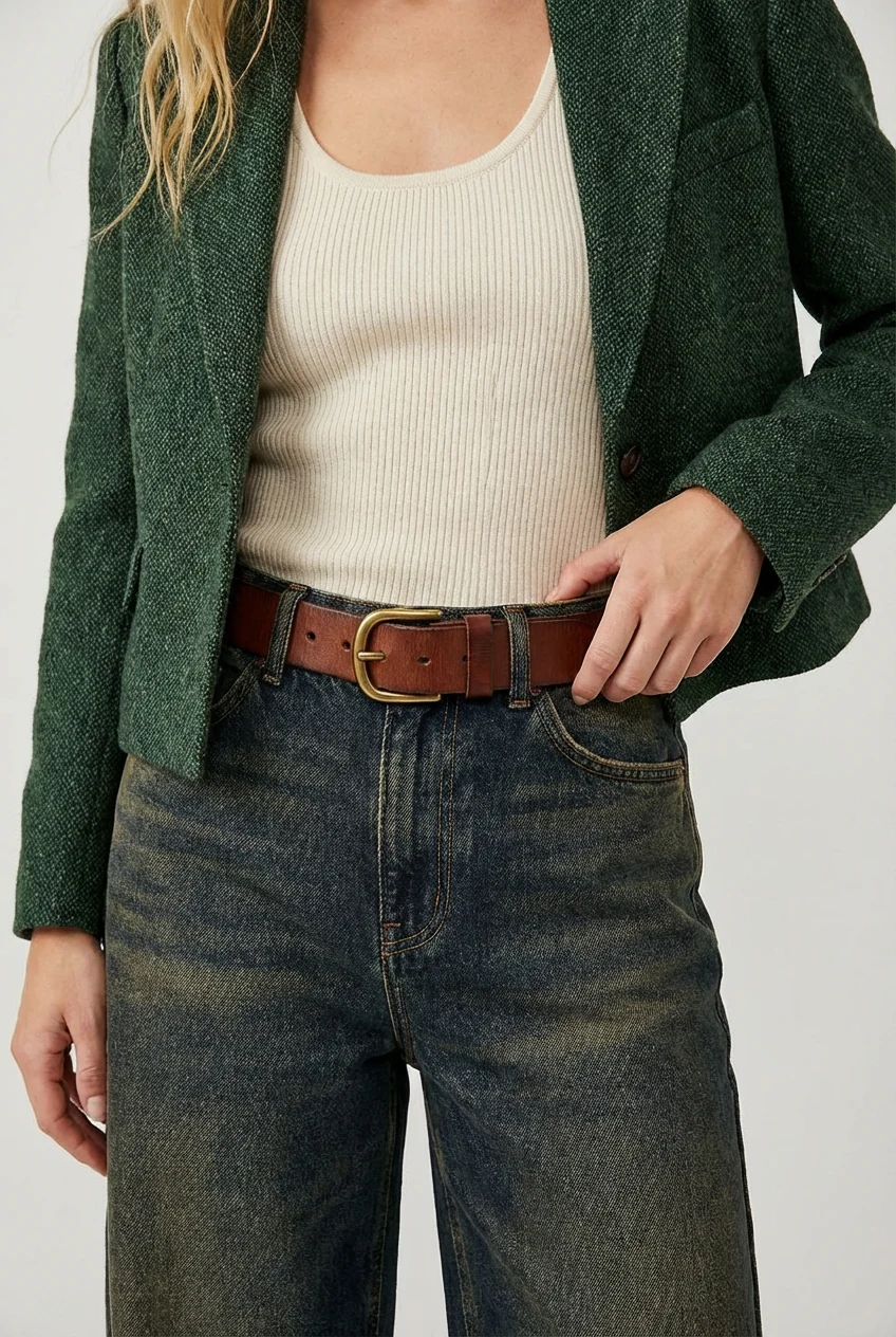closeup female belt over ribbed tank, cropped blazer, wide-leg jeans