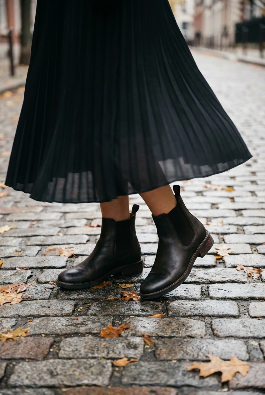 female closeup, Chelsea boots and swishing black skirt hem