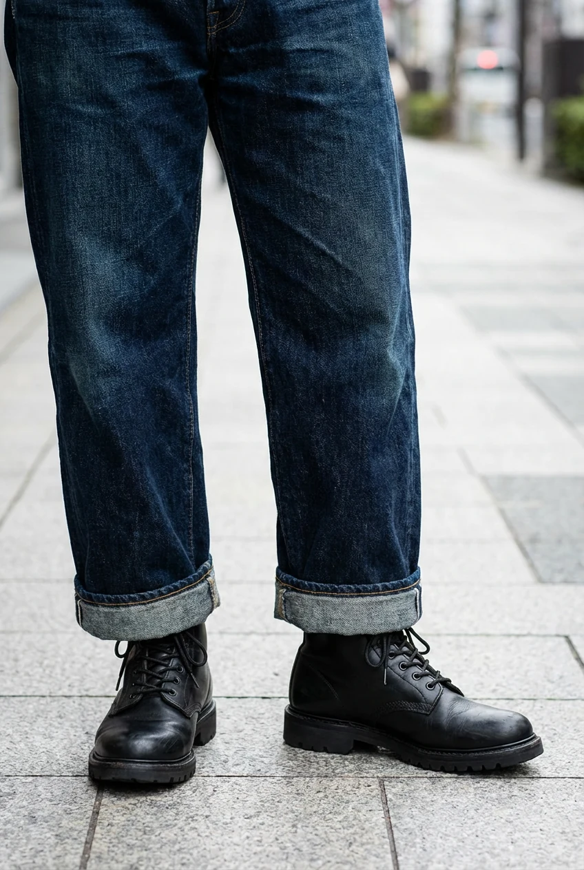 closeup cuffed wide-leg jeans with black combat boots