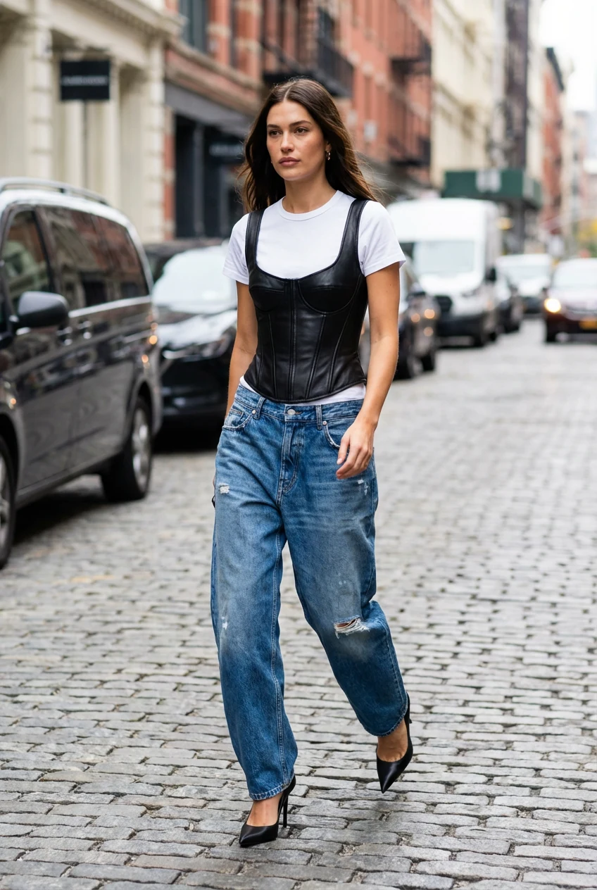 female black corset over tee, baggy jeans, pointed heels