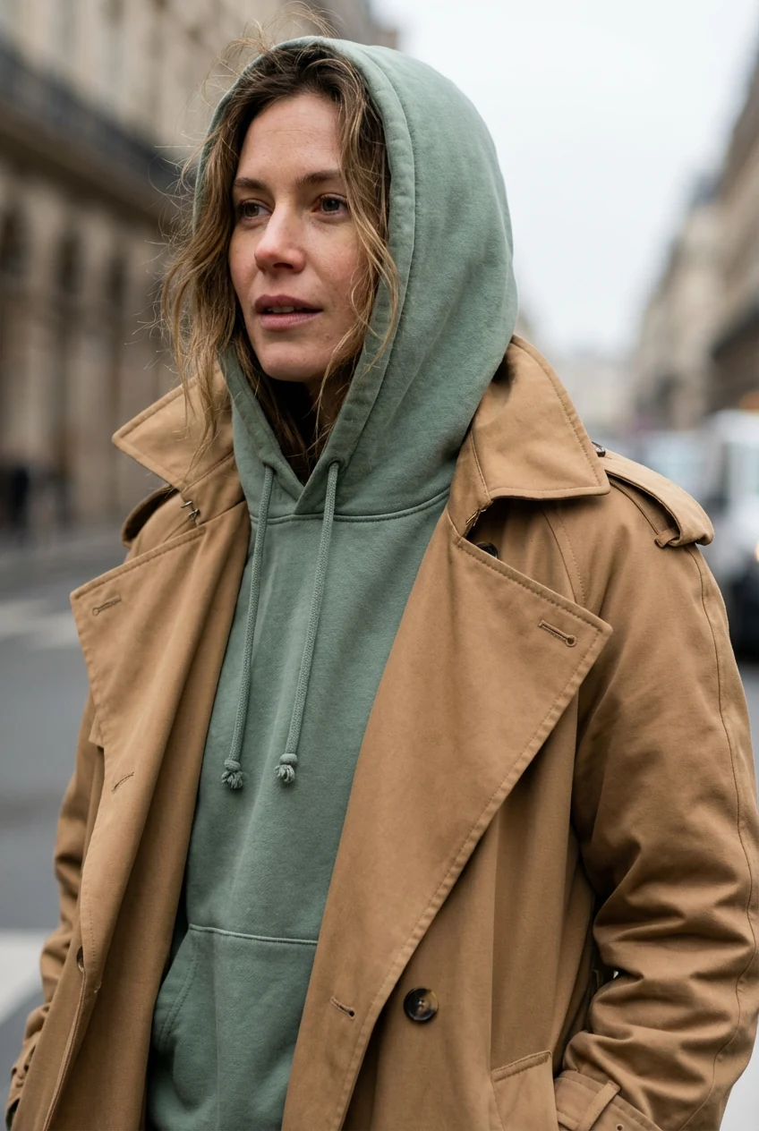 closeup female sage hoodie under camel trench coat