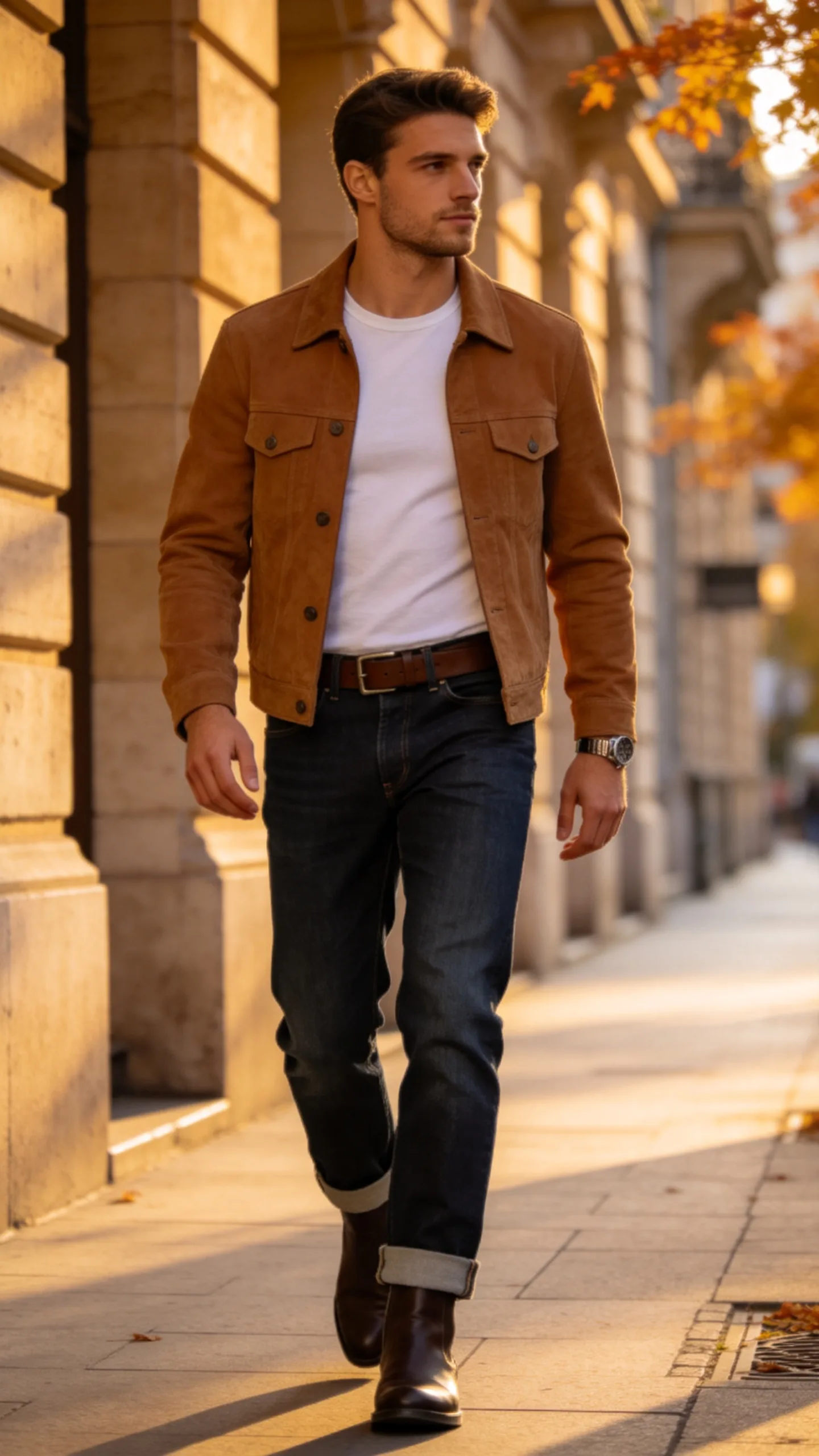 1. Dark-Wash Bootcut Jeans With a Suede Trucker Jacket